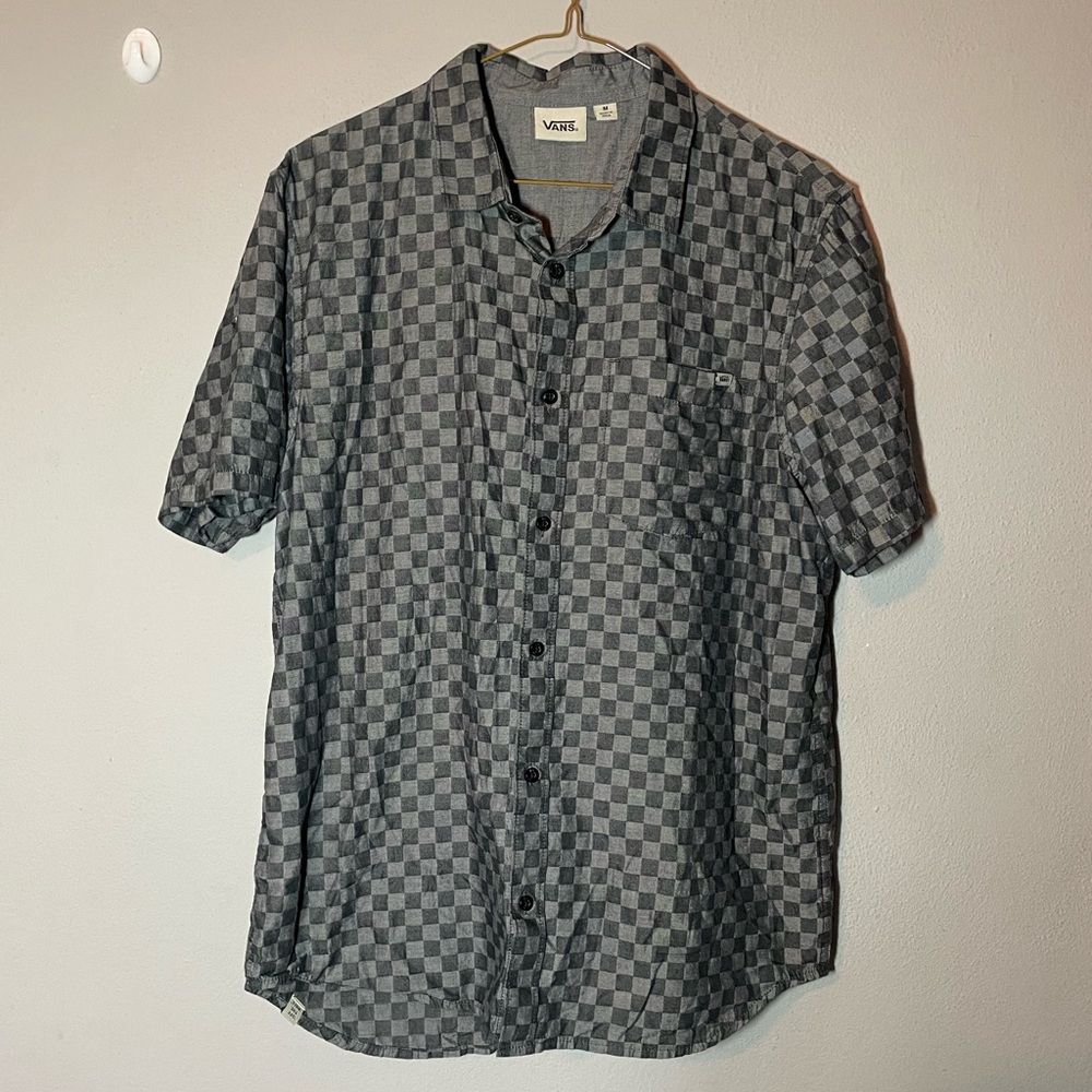 Vans Men's Black and Gray Checkered Short Sleeve Button-Down Shirt